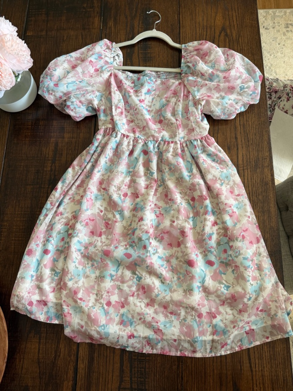 Pink and Blue Floral Puff-Sleeve Dress